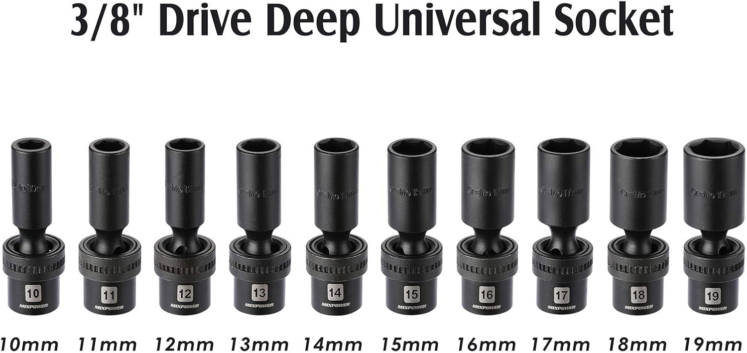 MIXPOWER 10-piece 3/8" Drive Shallow Universal Impact Socket Set, Metric,10-19mm, Swivel Socket with Flexible Wobble, CR-MO