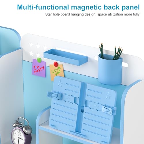 Kids Desk and Chair Set,Height Adjustable Children School Study Table and Chair Set with Sitting Corrector,Desk Chair with Book Stand, Foot Pedal, Partition Design Student Writing Table Desk