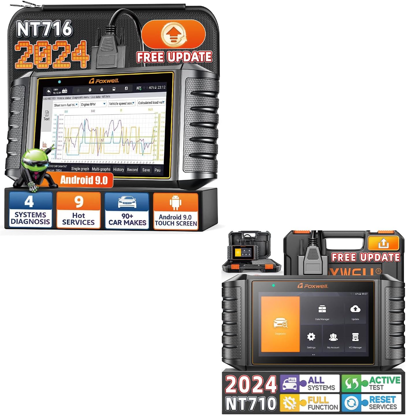 FOXWELL NT716 OBD2 Scanner Tablet ABS/SRS/Engine/Transmission Diagnoses with 9 Services Reset Injector Coding Battery Registration SAS TPMS EPB Throttle/ABS Bleeding/Oil Reset Light Fault Code Reader
