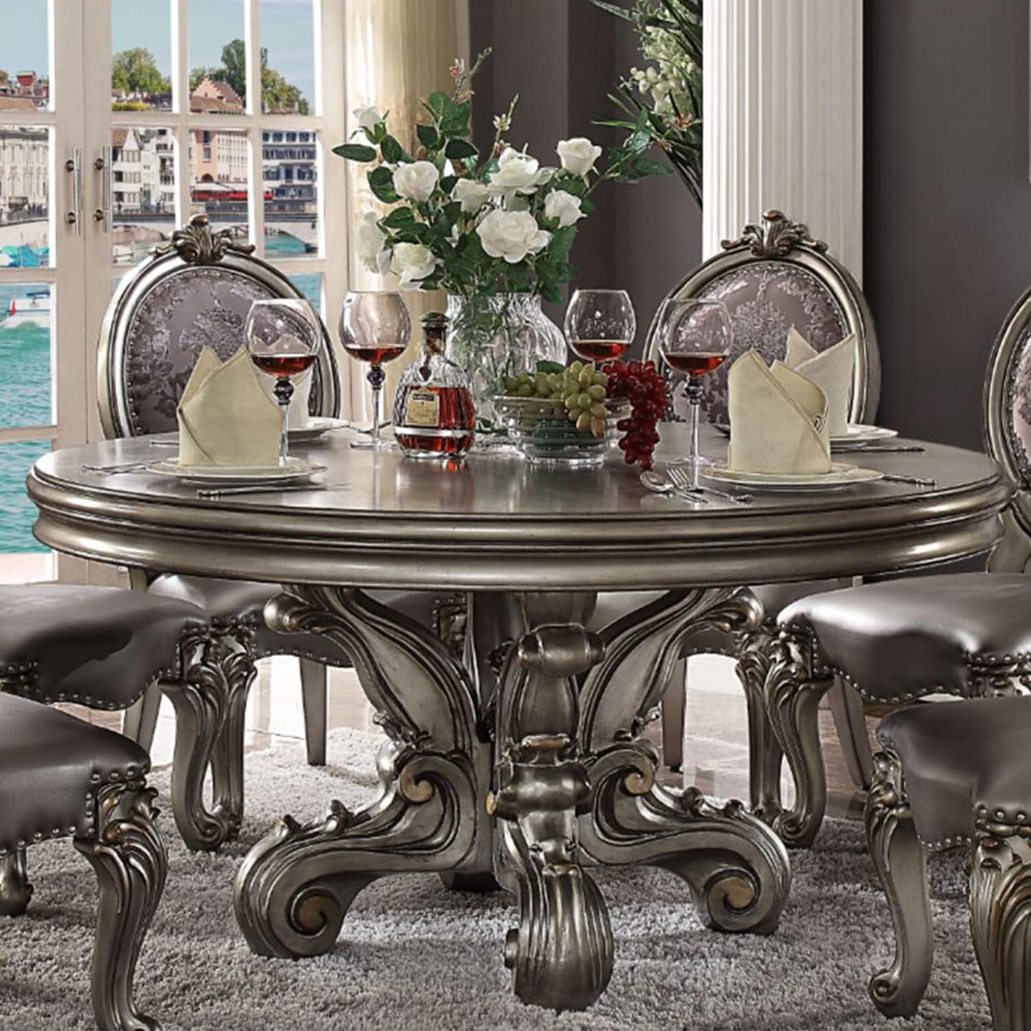 Acme Furniture Round Dining Table with Single Pedestal, Antique Platinum
