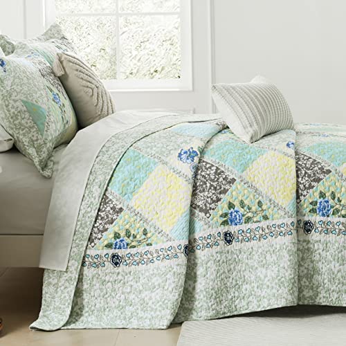 Finlonte Quilts Queen Size Sets, Floral Real Patchwork Blue Grey Farmhouse Plaid 100% Cotton Queen Quilt, Reversible Lightweight Soft Queen Bedspread Quilt Bedding Set, 3-Pieces