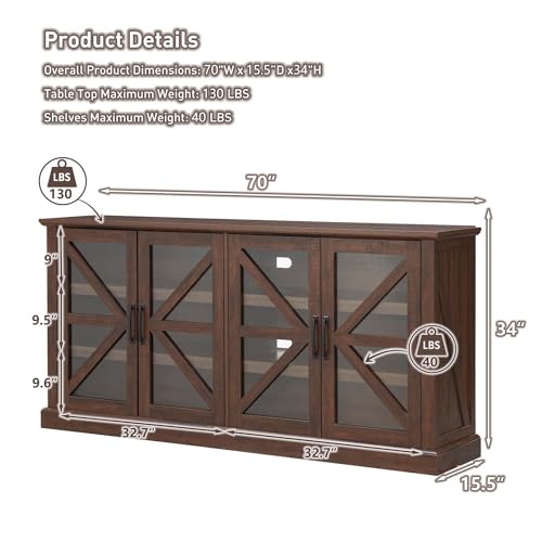 Farmhouse Buffet Cabinet with Storage, 70" Wood Rustic Sideboard Buffet Cabinet w/4 Glass Barn Doors & Adjustable Shelf, Coffee Bar Cabinet for Kitchen, Dining Room, Living Room (Dark Grey)