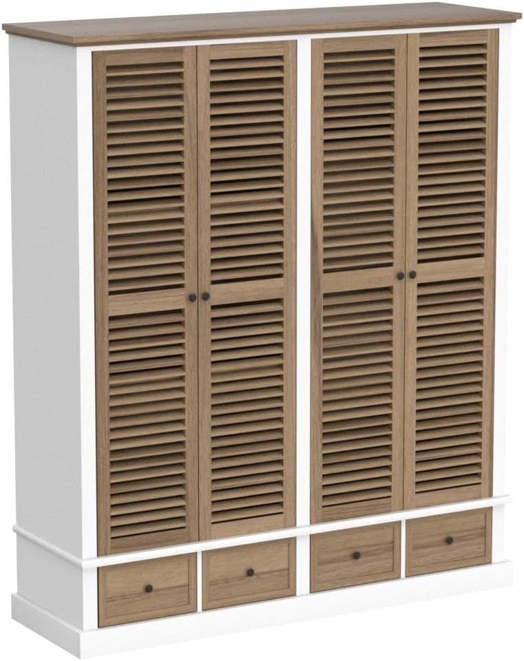 ECACAD 4 Doors Wardrobe Armoire with Louver Doors, Storage Shelves, 4 Drawers & Hanging Rod, Wooden Closet Storage Cabinet for Bedroom, Brown & White (63”W x 19.7”D x 74.8”H)