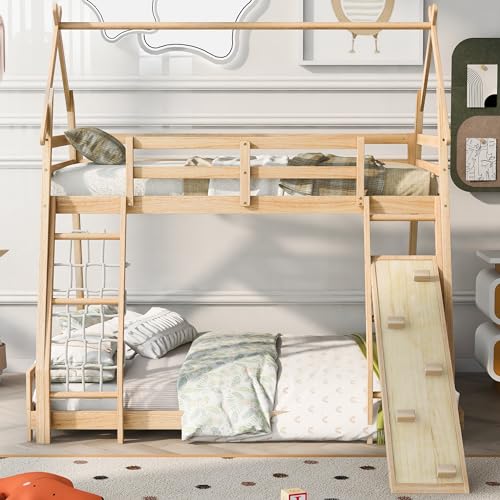 Twin House Loft Bed with Removable Storage Shelves, Wooden House Roof Frame with Under Bed Shelving Storage Unit, Guardrails and Ladder, 82" H House Loft Bed Frame for Kids Teens (Gray * 139)