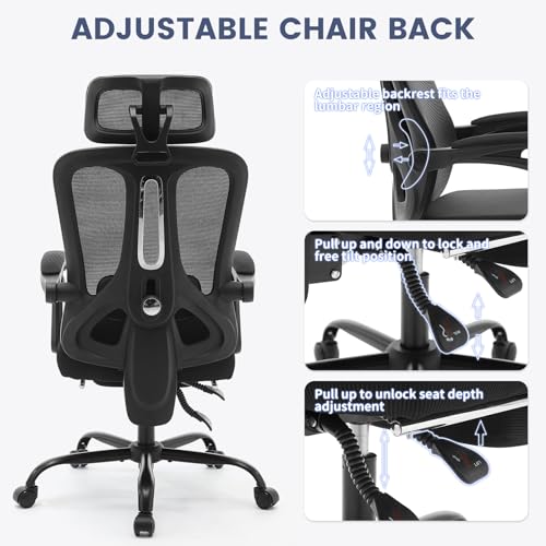 Ergonomic Office Chair with Footrest, Ergonomic Desk Chair with Adjustable Lumbar Support, High Back Mesh Office Chair with Headrest, Executive Office Computer Chair 360 Swivel Task Chair Cream