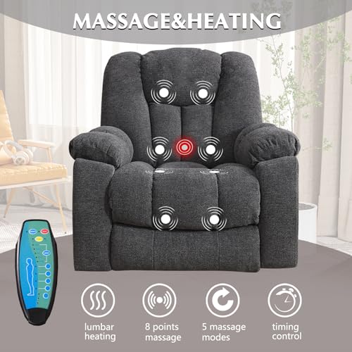 CANMOV Large Power Lift Recliner Chair with Massage, Heat, and USB for Elderly, Overstuffed Wide Recliners, Heavy Duty and Safety Motion Reclining Mechanism, Gray
