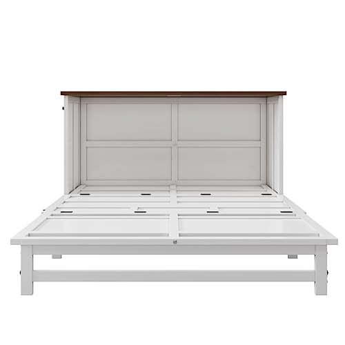 Murphy Bed Cabinet Queen Size with Bookcase and Drawer Bedside Shelves Combo/Charging Station,Space-Saving Foldable Murphy Chest Cube Bed-White