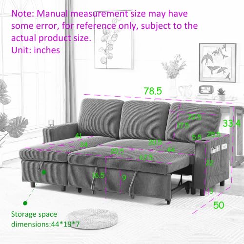 Convertible Sectional Sofa Couch, 3 Seat Sofa Set with Pullout Bed for Living Room, L-Shaped Modern Fabric Modular Sofa Sleeper with Storage Chaise for Office, Apartmen(Light Grey)