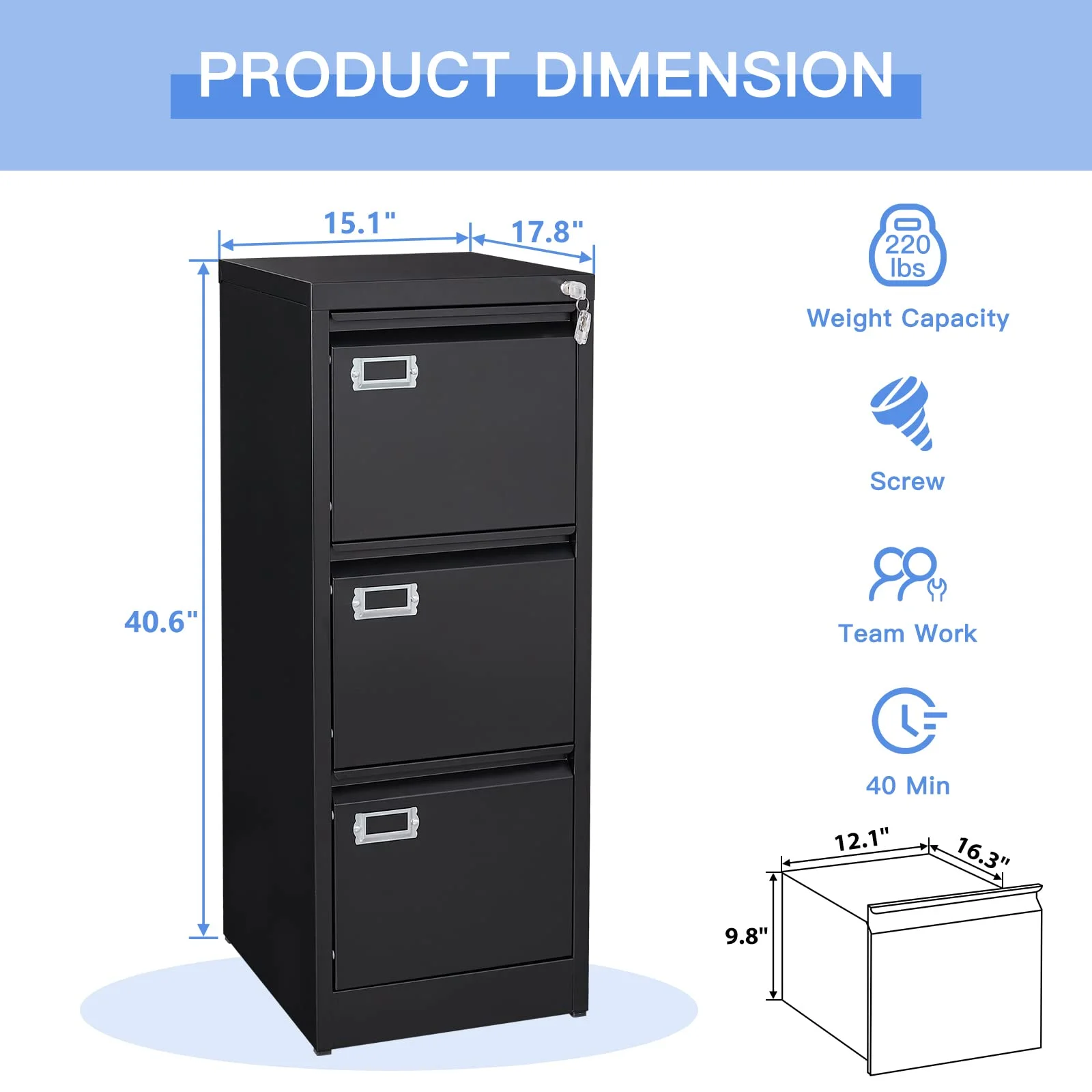 STANI 3 Drawer Black File Cabinet with Lock, Filing Cabinets for Home Office, Metal Locking Office File Storage Cabinets with Drawers, Vertical Small Filing Cabinet Organizer for Legal/A4