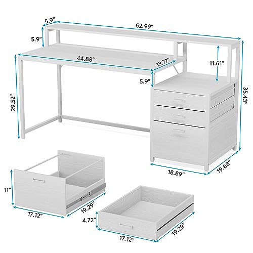 Tribesigns 63 Inch Computer Desk with File Drawer Cabinet, Ergonomic Office Desk with Monitor Stand, Industrial Computer Table with Printer Space, Wood PC Table Workstation Desk for Home Office
