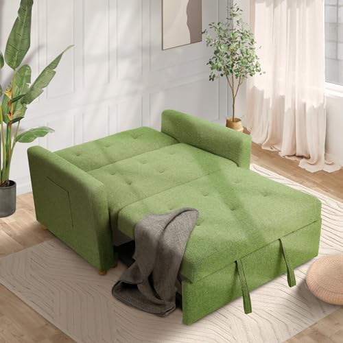 49" 2-Seater Loveseat Futon Sofa, 3-in-1 Convertible Sofa Bed, Linen Fabric Sleeper Couch Pull Out Bed with Spring Support,Adjustable Backrest, 2 Pillows for Living Room