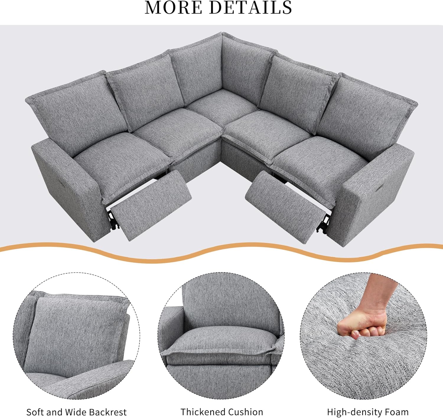 89'' Modular Sectional Sofa Couch, Convertible L Shaped Sofa with Power Recliner Chair, Modern 5-Seater Corner Sofa with USB Port, Seating Soft Chair Couch for Living Room, Home Office, Theater
