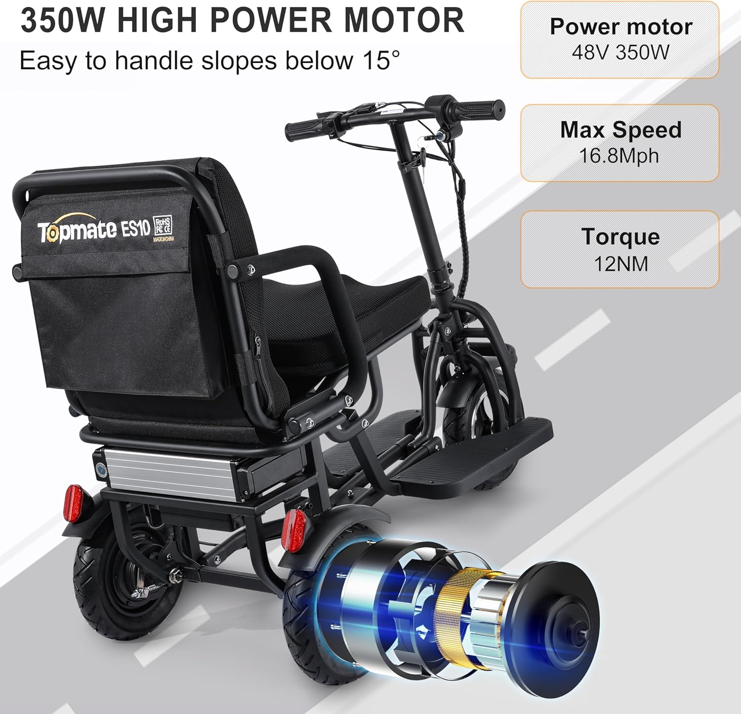 TopMate ES10 3 Wheel Electric Scooter Lightweight Folding Powered Mobility Scooter for Adult Seniors with Ergonomic Seat and Removable Battery, 350W Motor & 20Mi Long Range E-Trike with Basket - Black