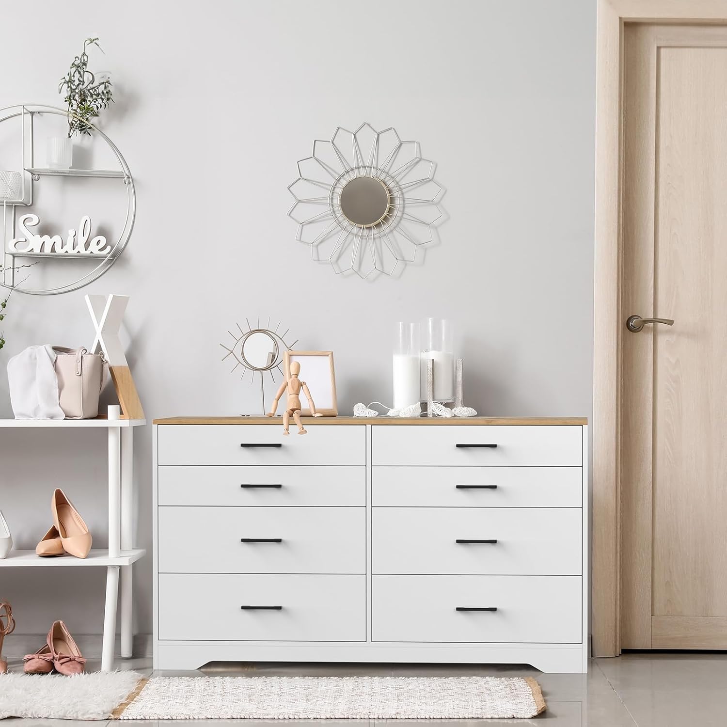 VINGLI 8 Drawer Dresser for Bedroom, White Dresser, Kids Dresser Wood Chest of Drawers, Baby Dresser for Nursery, Nursery Dresser, Storage Dresser Cabinet, Long Dresser, Modern Dresser, Brown Top