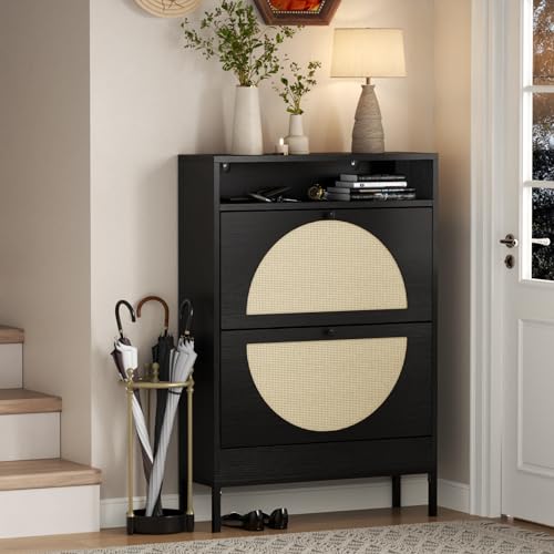 Rattan Shoe Cabinet, Shoe Storage Cabinet with 2 Flip Drawers, Hidden Shoe Storage, Slim Shoe Closet, Sneaker Storage, Shoe Organizer for Entryway, Hallway, Living Room,Black