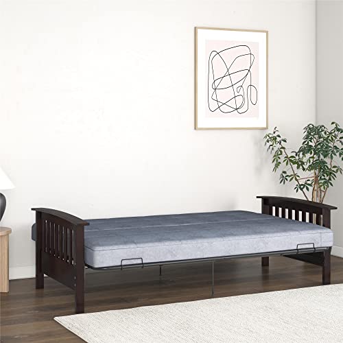 REALROOMS Elbi Full Size Wood Arm and Black Metal Futon Frame, Brown
