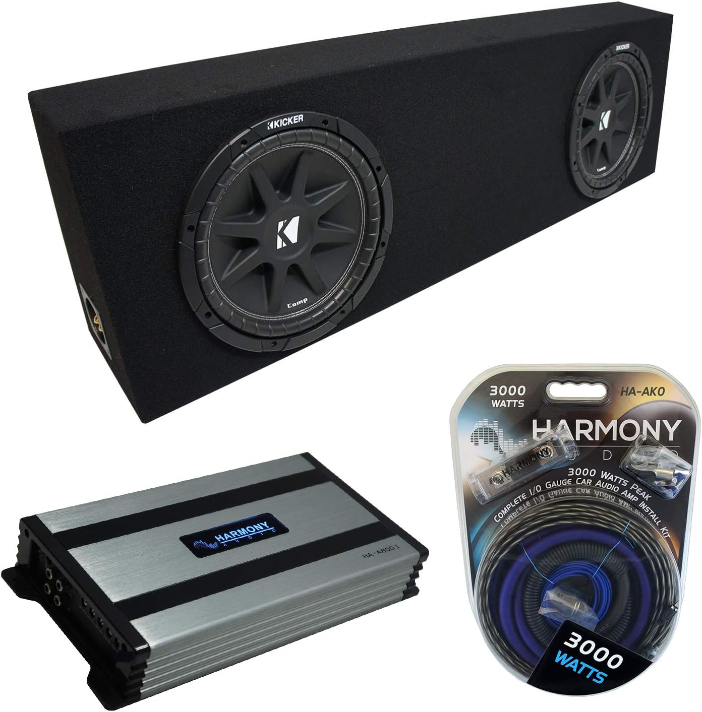 Universal Regular Cab Truck Kicker Bundle Comp C12 Dual 12 Loaded Sub Box Bundle with Harmony HA-A800.1 Amp & Install Kit