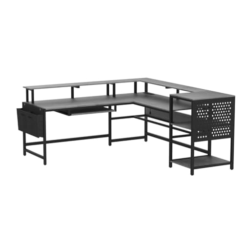 SEDETA L Shaped Gaming Desk, Reversible Computer Desk, Gaming Desk with Power Outlets & LED Strip, Monitor Shelf, Keyboard Tray, Pegboard and Storage Shelves for Home Office, Black