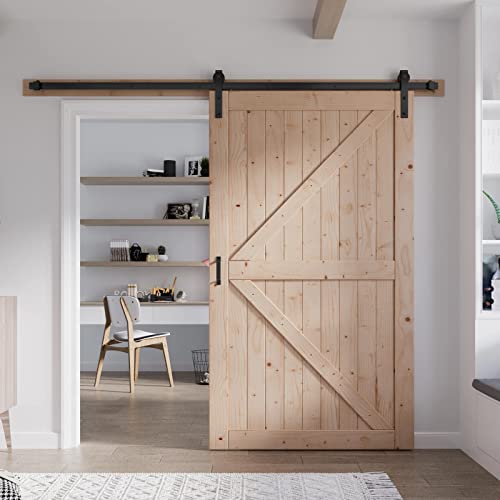 FREDBECK 48in x 80in Sliding Wood Barn Door with 8FT Barn Door Hardware Kit Included K Shape Solid Spruce Panel Sliding Door Double Surfaces Need to Assembly