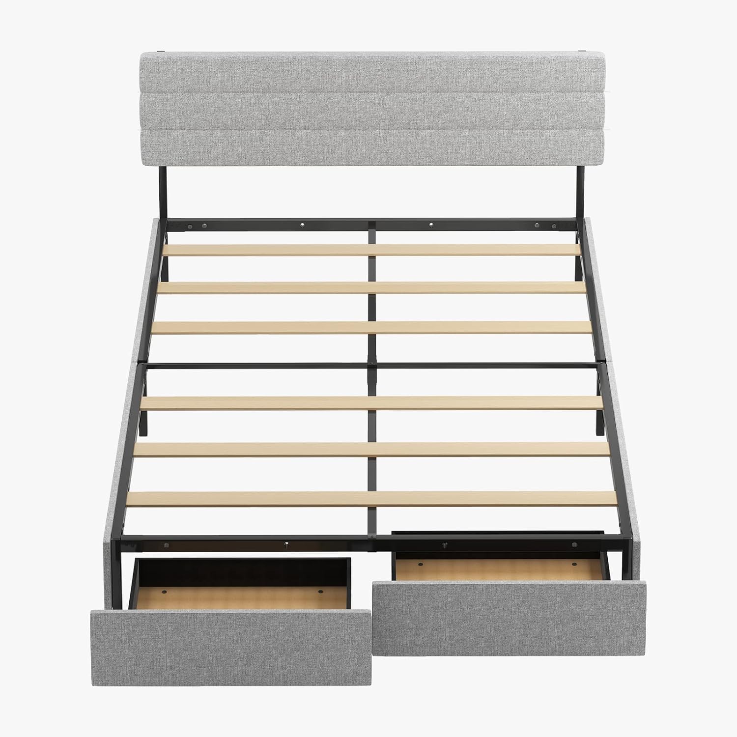 King Bed Frame with 2 Storage Drawers,Platform King Size Bed Frame with Linen Adjustable Headboard,Wooden Slats Mattress Foundation,No Box Spring Needed,Easy Assembly,Light Grey