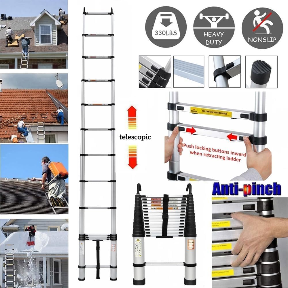 Aluminum Telescoping Ladder 20 FT Portable Extension Ladder - Multi-Purpose Lightweight Folding Ladder RV Collapsible Ladder, Anti-Slip Attic Ladder, Loft Ladder, Heavy Duty 330 Lb Capacity, Black