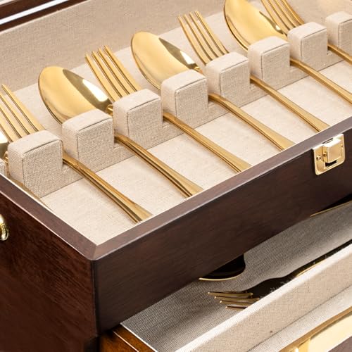 Silverware Storage Box, 2-Layer Flatware Storage Case with Drawer, Wooden Silverware Chest with Linen Liner, Rustic Silverware Case for Storing Fine Flatware and Utensils (Walnut)