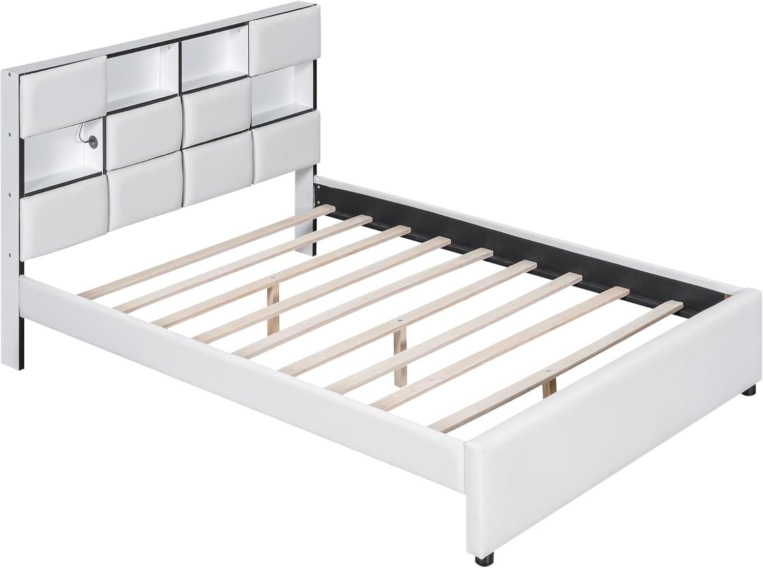 Full Size Bed Frame with Storage Headboard, Upholstered Platform Bed with USB Port & LED Lights, No Box Spring, Beige
