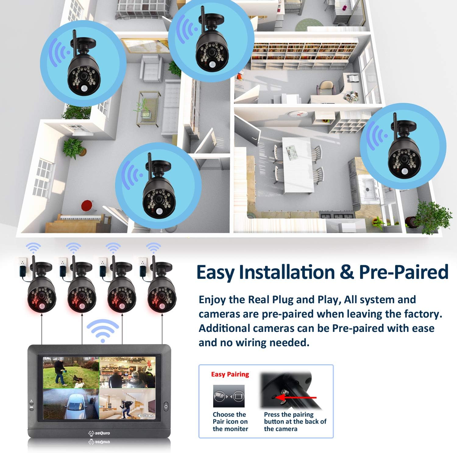 sequro GuardPro Wireless Surveillance Security Camera System Monitor, Weatherproof Outdoor Night Vision HD AC-Powered Camera and Home Surveillance 4CH Monitor DVR Kit with Smartphone Access, 2-cam Kit