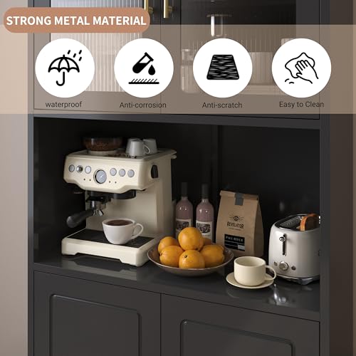 Kitchen Pantry Cabinet with Acrylic Glass Doors, 75" Metal Kitchen Hutch with Countertop, Adjustable Shelves, Freestanding Food Pantry Cabinet for Living, Dining Room, Black, Assembly Required