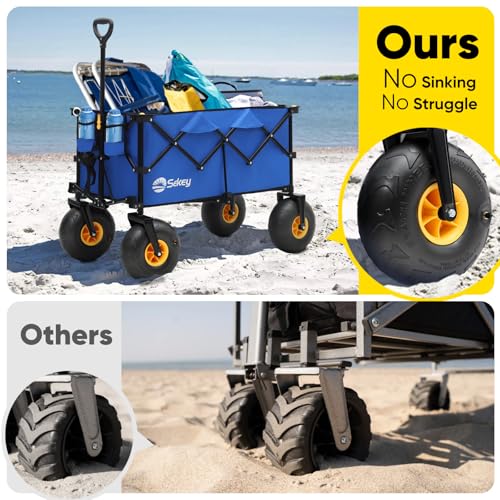 Heavy Duty Beach Wagon with 9" Big Sand-Proof Wheels – 440lb Capacity, Sekey 200L Oversized Foldable Cart | Adjustable Handle & All-Terrain Tires for Sand, Camping, Groceries. Blue&White