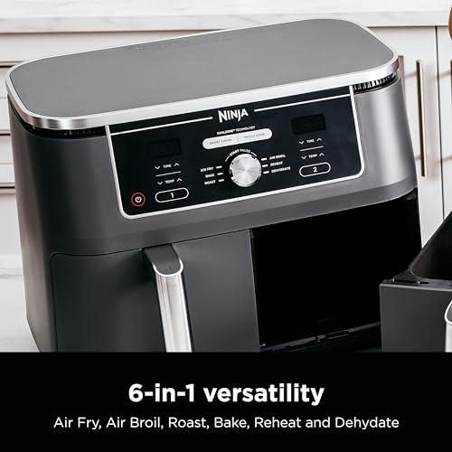 Ninja DZ201 Foodi 8 Quart 6-in-1 DualZone 2-Basket Air Fryer with 2 Independent Frying Baskets, Match Cook & Smart Finish to Roast, Broil, Dehydrate & More for Quick, Easy Meals, Grey