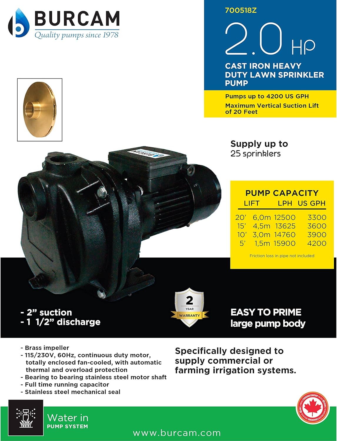 B BURCAM QUALITY PUMPS SINCE 1978 700518ZN 2HP Heavy Duty Sprinkler Pump (Brass Impeller)