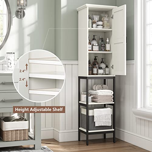 Linen Cabinet, Tall Narrow Slim Storage Cabinet with Storage Basket, Linen Tower with Barn Door and 5 Shelves Freestanding Floor Storage Cabinet for Bathroom Living Room Kitchen (Grey)