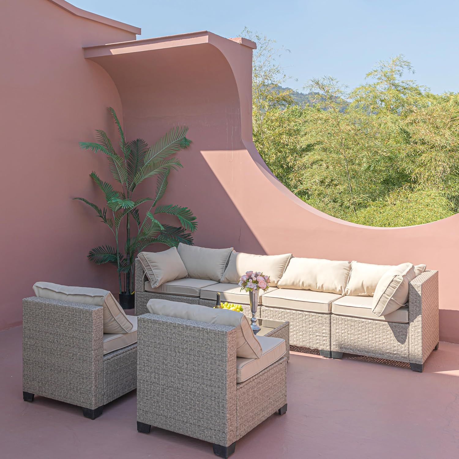 7-Piece Patio Furniture, Weather Boho Outdoor Conversation Set Sectional Sofa with Water Resistant Grey Thick Cushions for Backyard Poolside Lawn Garden, Beige, 6-Seater