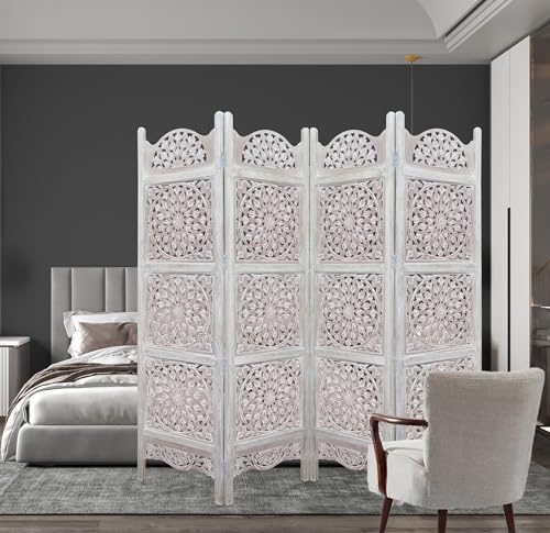 Room Divider Wood Screen - Ghanti Bells Antique Brown - 4 Panel Folding 72 x 80 - Assembled Hand Carved Decorative Functional Versatile Portable Partition Reversible Privacy Boho - COTTON CRAFT