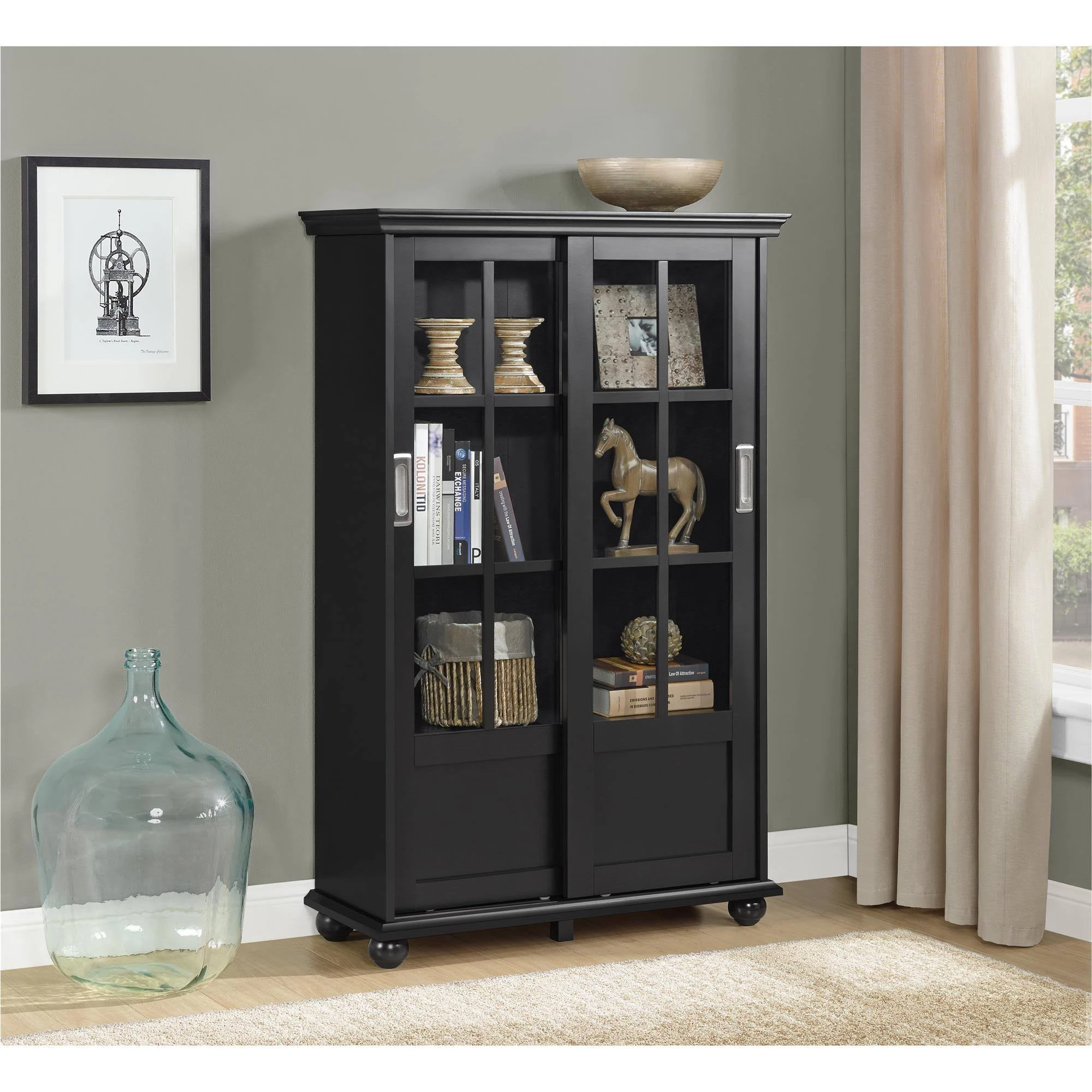Ameriwood Home Aaron Lane Bookcase with Sliding Glass Doors - Black