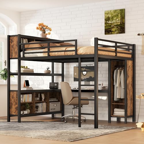 Linique Metal Loft Bed with Wardrobe & L-Shaped Desk - Sturdy Space-Saving Loft Bed Includes Storage Cubes, Shelves for Kids, Teens, Adults (White, Queen)