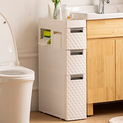 Small Bathroom Storage Cabinet with Moveable Drawers Slim Storage Tower with Wheels Drawer Cart Storage Tower Furniture Narrow Storage Drawer Cart Unit for Bedroom Hallway Closet Office Organization