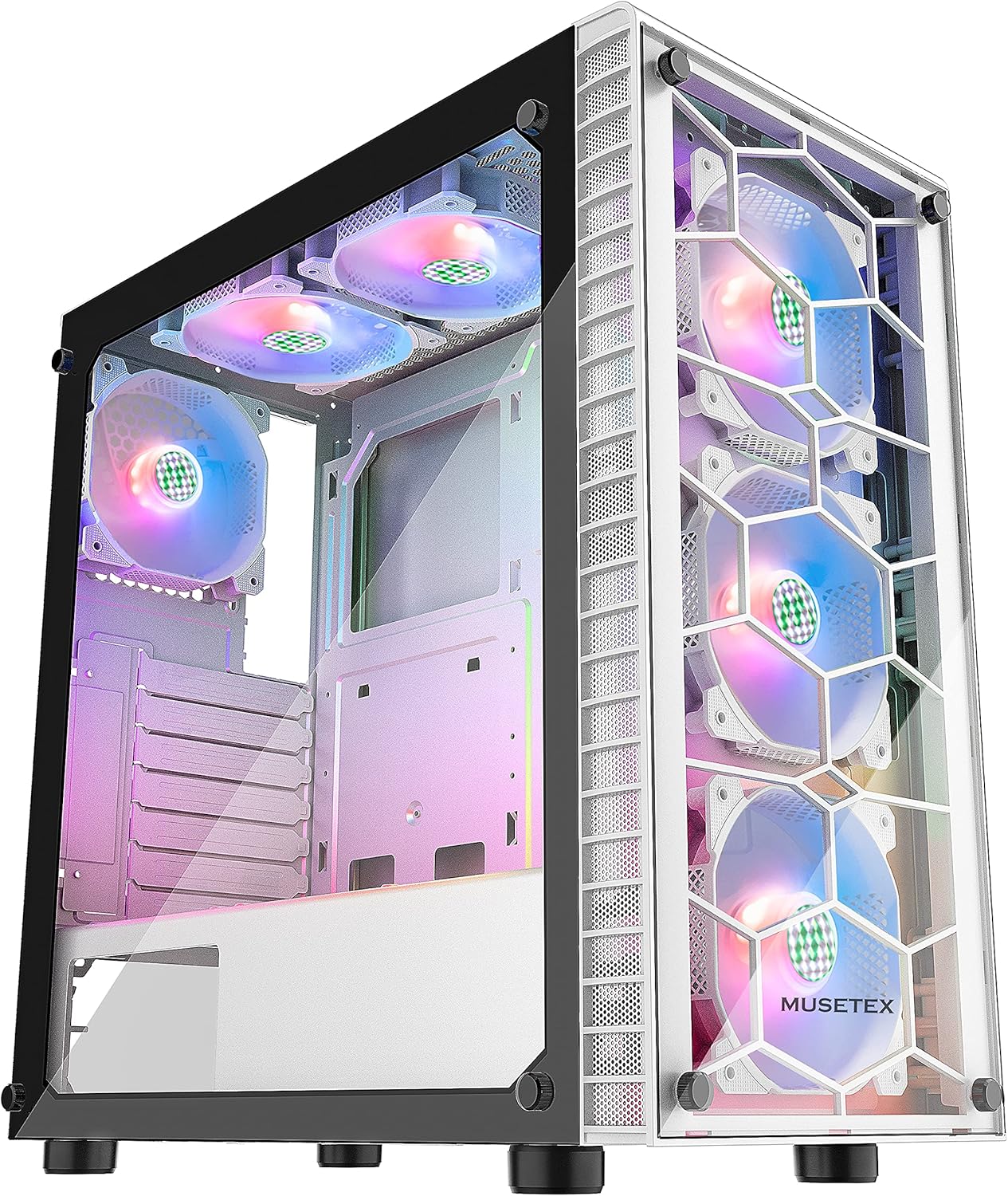 MUSETEX ATX PC Case, Mid-Tower Computer Gaming Case with 6 Pcs ARGB Fans Pre-Installed, USB 3.0, Tempered Glass Panels, Black, MS6-HB