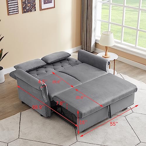 55" Button Tufted Upholstered Nailhead Decor Futon Loveseat Daybed Convertible Sleep Sofabed,3 in1 Reclining Backrest Love Seat w/Pull Out Sleeper Couch Bed Sofas, Gray Velvet 2 Pillows