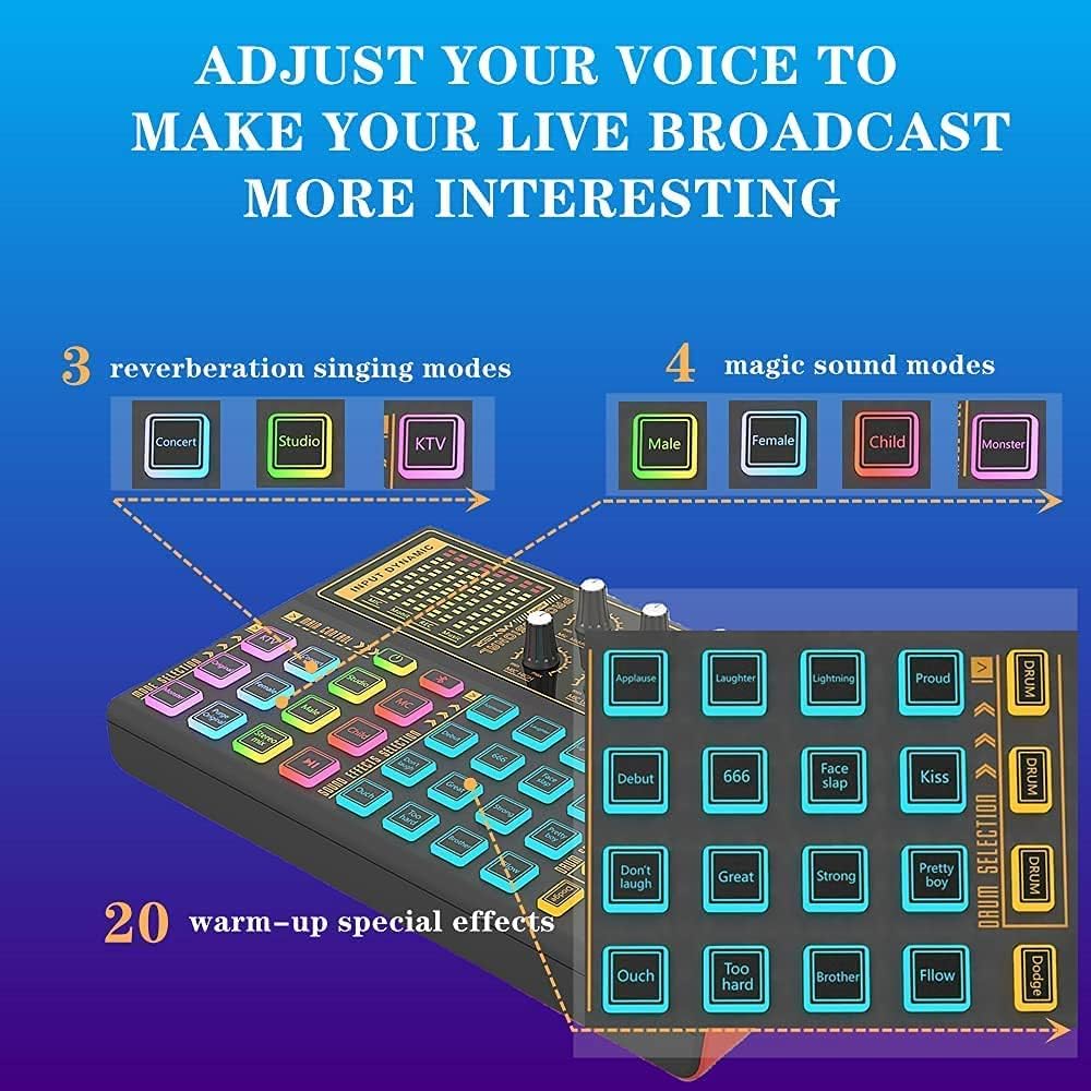 Sound Mixer Board, LED Light Voice Changer Sound Card with Multiple Sound Effects - Live Sound Card for Live Streaming, Audio Mixer for Music Recording Karaoke Singing Broadcast on Cell Phone Computer Pack of 2