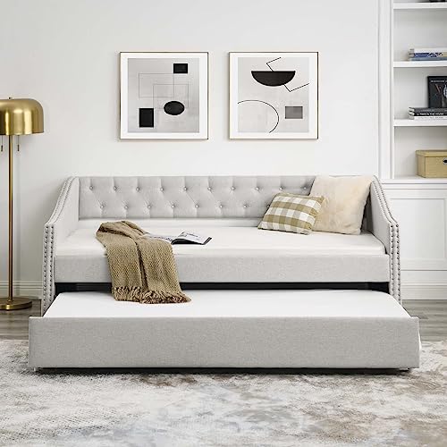 Full Size Upholstered Daybed with Pull Out Twin Trundle, Multifunctional Tufted Sofa Bed Frame with Button Nailtrim Arms and Wood Slat Support, No Spring Box Needed (Beige, Full)