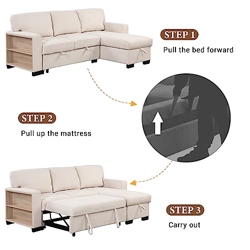 85.2" Upholstery Sleeper Sectional Couch Futon Sofa Bed with Storage Chaise for Living Room Convertible Pull Out Couch USB port 2 Cup Holders Small Lounge Space Beige