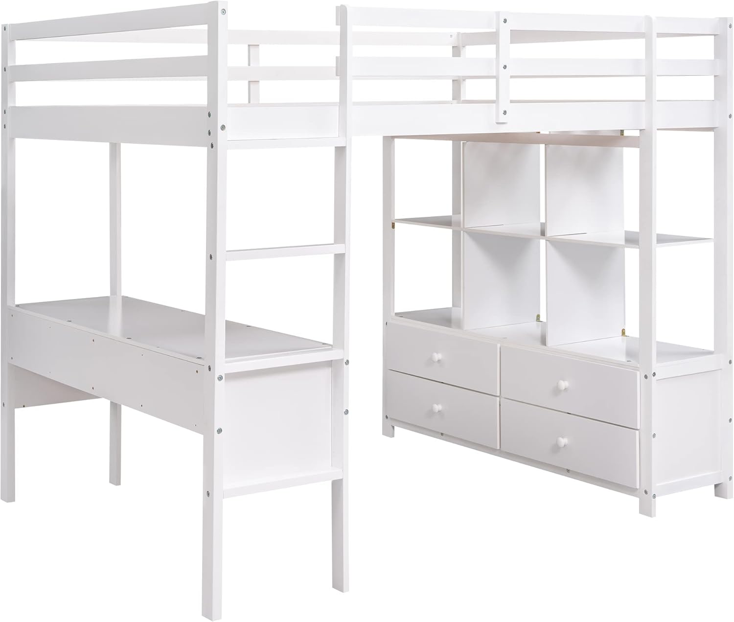 Full Size Loft Bed with Built-in Desk, 2 Drawers and Storage Shelves, Wooden FullLoft Bed Frame with Guardrails for Kids Teens Adults, White