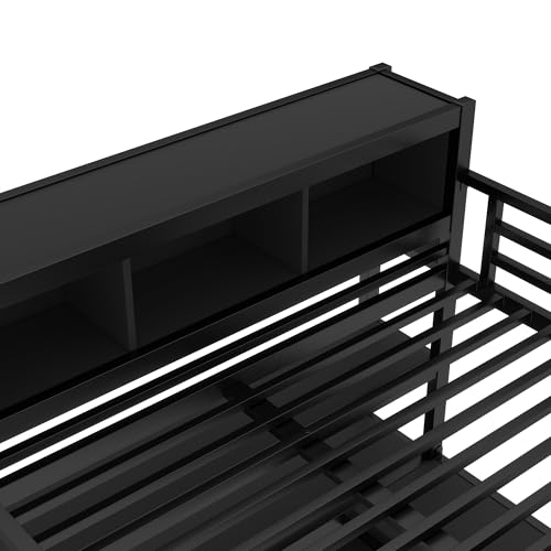 Linique Metal Loft Bed with Wardrobe & L-Shaped Desk - Sturdy Space-Saving Loft Bed Includes Storage Cubes, Shelves for Kids, Teens, Adults (White, Queen)
