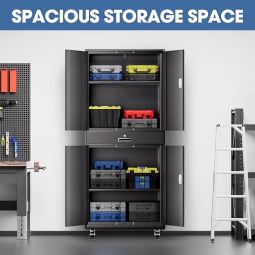 DNA MOTORING 71'' Metal Storage Cabinet, Locking Tool Cabinet with 1 Drawer and Adjustable Shelves, Lockable Heavy Duty Metal Locker for Garage,Office,Home,Gym, Gray, TOOLS-00629-GY-GY-A