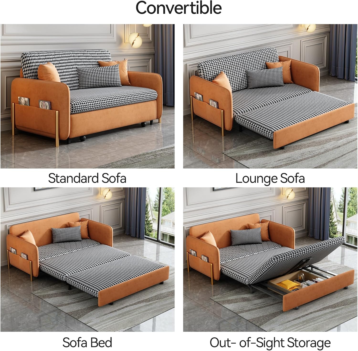 53.5" Full Sleeper Sofa Orange Upholstered Convertible Sofa Bed 3 in 1 Sleeper Sofa Couch Bed, Small Tufted Velvet Convertible Loveseat Futon Sofa w/Pullout Bed, Multi-Pockets for Living Room