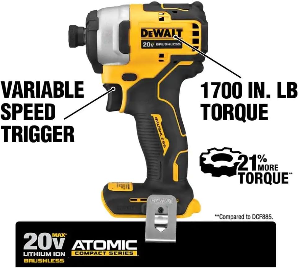 DEWALT ATOMIC 20V-Max Brushless/Cordless Compact 1/4 in. Impact Driver Kit w/Charger, 2.0Ah-Battery, Bag&Belt Clip
