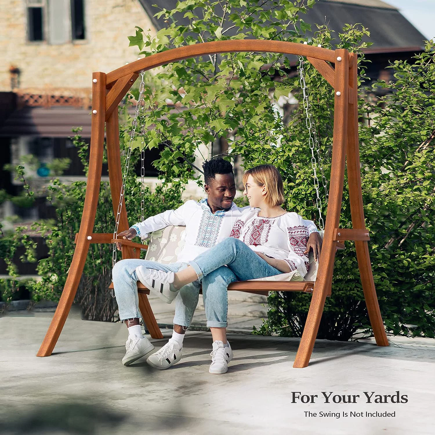 Heavy Duty Wooden Swing Frame for Adults Kids, Strong A-Frame Porch Swing Bench Stand for Indoor & Outdoor, Curved Arc Top Design, Supports Up to 660 LBS