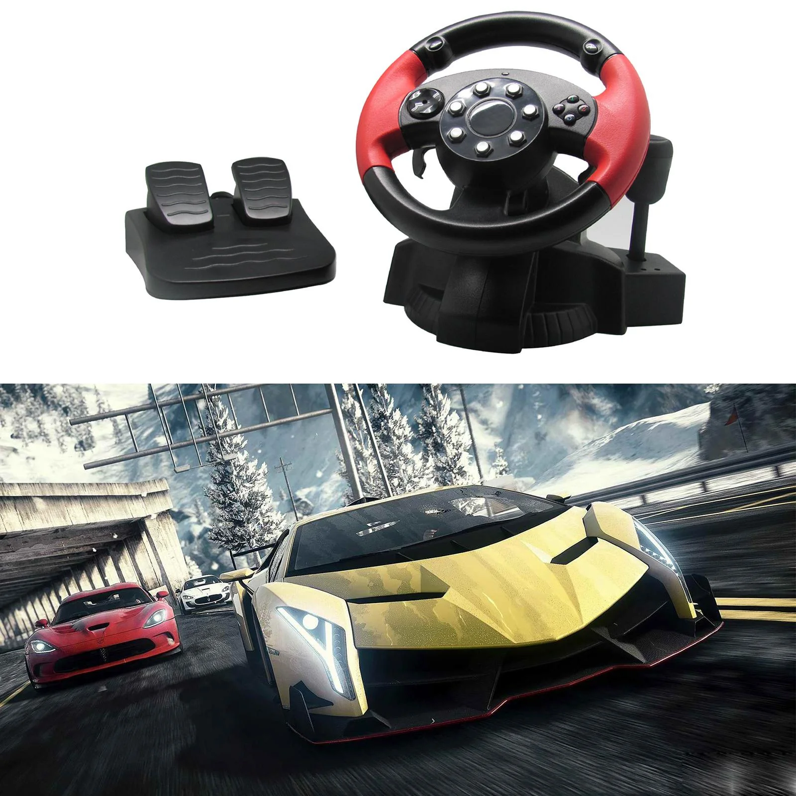 Wheel, Vibration 200 Degree Universal Usb Truck Race Steering Wheel with Pedals Set, 3, ()